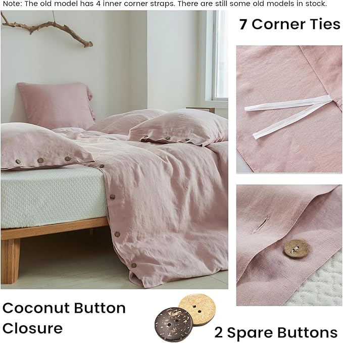 Simple&Opulence 100% Linen Duvet Cover Set 3pcs with Coconut Button Closure Natural French Washed Flax Solid Color Soft Breathable Farmhouse Bedding - Blush Pink, Queen Size