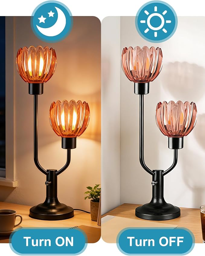Lightdot Mid Century Modern Flower Table Lamp for Living Room Dimmable Nightstand Lamp Red Glass Vintage Black Desk Lamp 2 Bulbs Included Warmwhite Ambient Bedside Lamps for Bedroom Home Office Decor