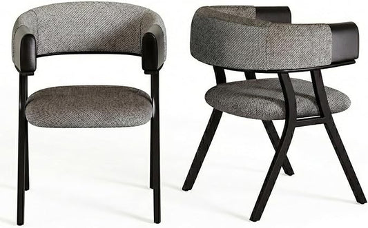 Upholstered Kitchen & Dining Room Table Chairs Set of 2, Metal Modern Dining Room Chair with Armrests, Curved Backrest, Linen Fabric for Living Room, Office, Vanity, Sturdy Metal Legs, Gray
