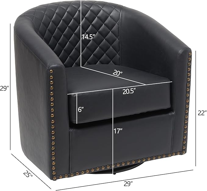 KINWELL 29" Wide Tufted Faux Leather Swivel Barrel Chair Set of 2, PU Leather Modern Upholstered Accent Chairs with Nailhead Trim, Small Armchair for Living Room Bedroom, Black