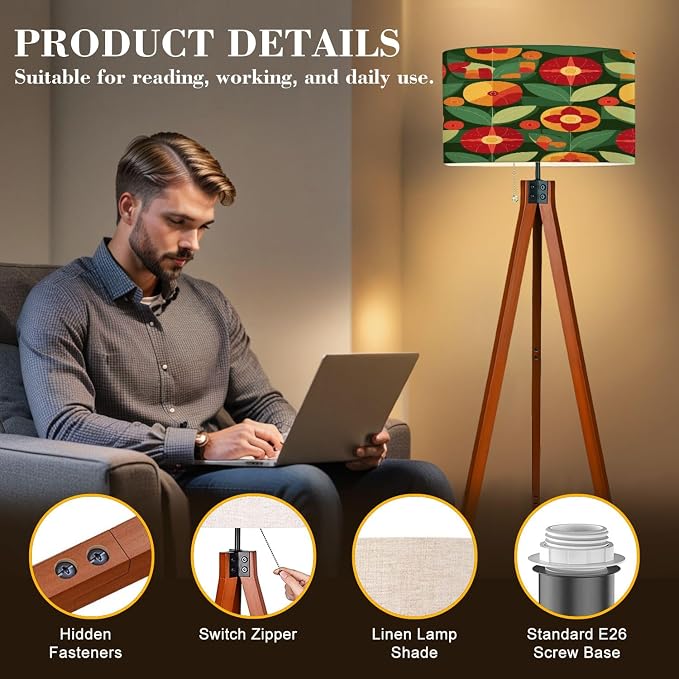Wood Tripod Floor Lamp Flowers leaves nature Abstract geometric seamless Decorative ornament Mid Century Standing Lamp Linen Shade Dimmable Modern Tall lamp Home Decor for Living Room Bedroom Office