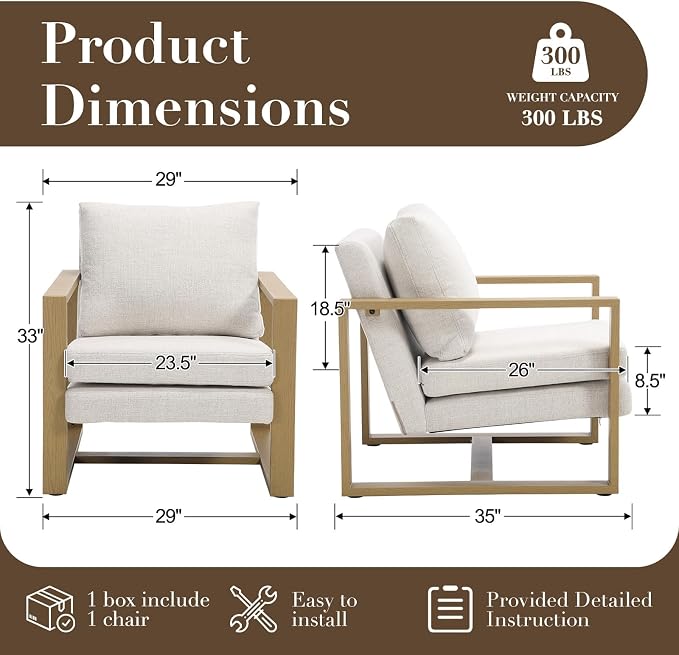 CIMOTA Modern Accent Chair Mid Century Armchair with 8.5" Thick Cushion & Armrests Comfy Linen Fabric Reading Lounge Chair with Metal Frame for Living Room Bedroom Office, Natural Wood Finish Beige