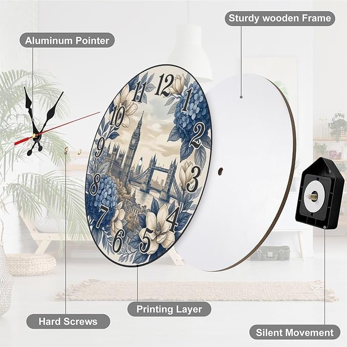 London Cityscape Floral Wooden Wall Clock Silent Non Ticking | European Decor for Living Room, Bedroom, Kitchen, Office, Gift