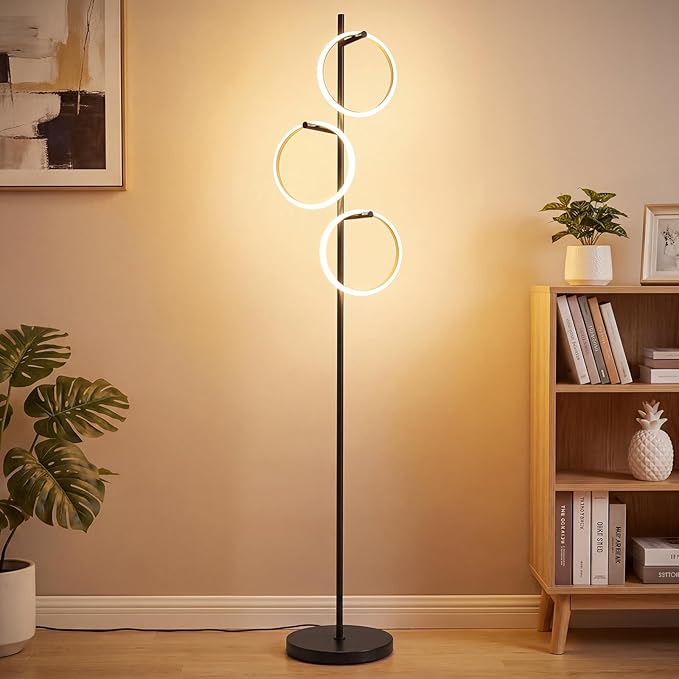 Bairth Black Floor Lamp with 3 Lights, Modern LED Tree Floor Lamp for Living Room, 17W Stepless Dimmable Tall Standing Lamp with 3 Detachable Circular Lights for Reading, Bedroom, Office, Matte Black