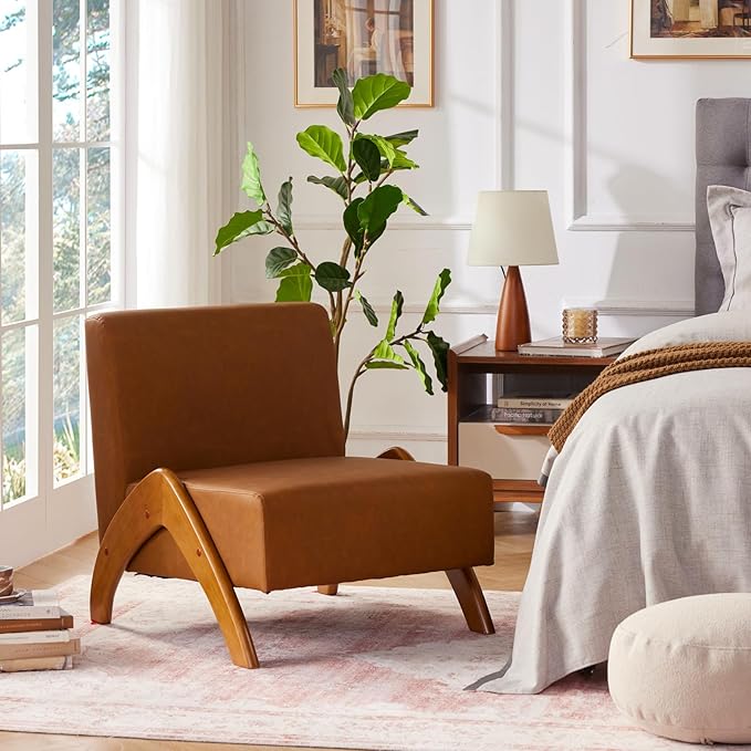 Oversized Accent Chair, upholstered armless mid Century Modern Living Room Chair with Wooden Legs for Bedroom/Office/Cafe, Faux Leather Cognac Brown