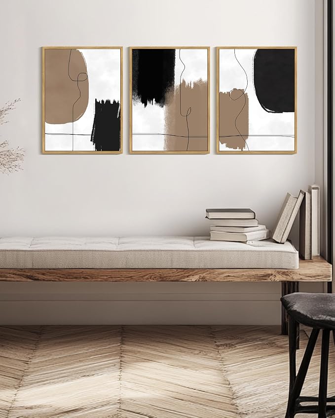 KUVIOKE Neutral Abstract Framed Wall Art Beige Mid Century Textured Wall Decor Minimalist Line Modern Illustrations Art Print for Living Room Bedroom 12x16in (Natural Framed)