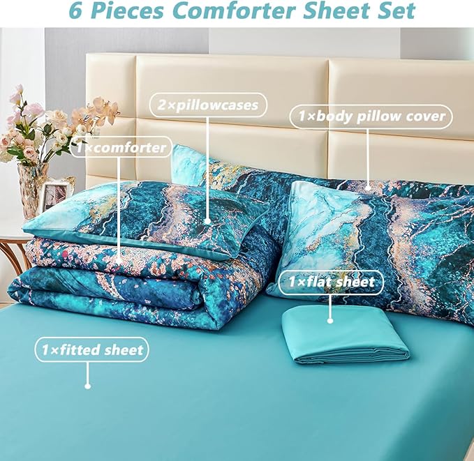 PERFEMET 6 Pcs Teal Marble Comforter Set Queen Watercolor Marble Printed Quilt Set Luxury Retro Artwork Style Gold Bed in A Bag Complete Set(Teal, Queen)