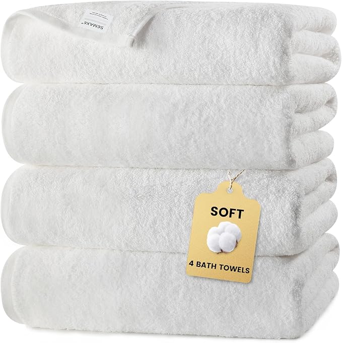 SEMAXE White Bath Towels Set of 4, 100% Cotton Luxury Bathroom Towels, Soft, Absorbent, and Quick-Drying, 55"x27", Perfect for Hotels, Gyms, and Spas