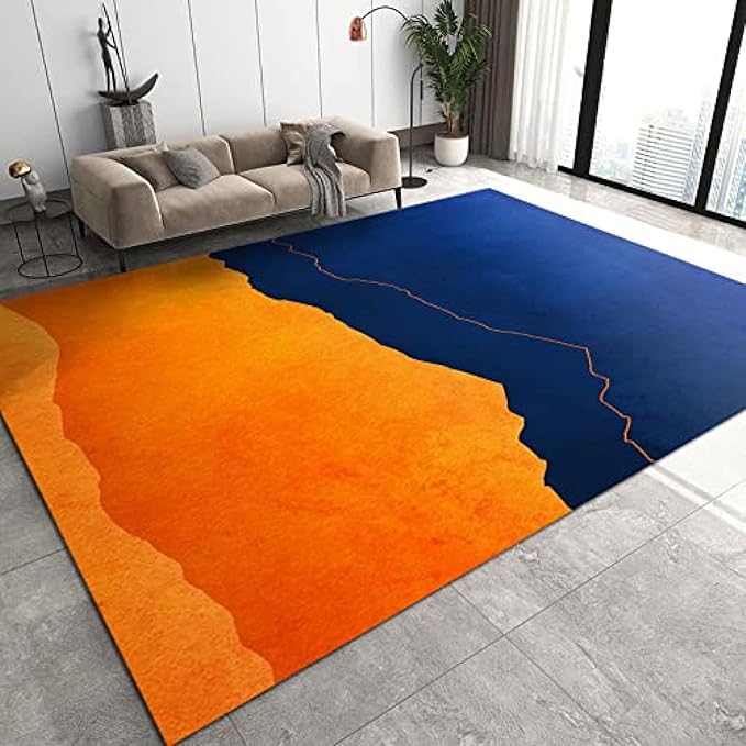 Modern Orange Blue Irregular Geometry Art Area Rug, Mid-Century Abstract Indoor Carpet, Soft Foldable Non Slip Breathable Sofa Carpets for Living Room Bedroom Entryway Hotel Office 5x8ft