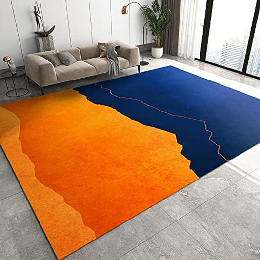 Modern Orange Blue Irregular Geometry Art Area Rug, Mid-Century Abstract Indoor Carpet, Soft Foldable Non Slip Breathable Sofa Carpets for Living Room Bedroom Entryway Hotel Office 3x4ft