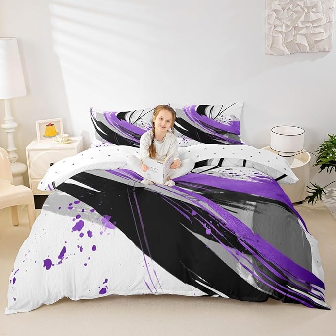 Erosebridal Black and Purple Duvet Cover | Geometric Striped Bedding Sets for Girls Modern Contemporary Art Bed Set Boys Adults Boho Minimalist Aesthetic Art Bed Cover Full 3 Pieces