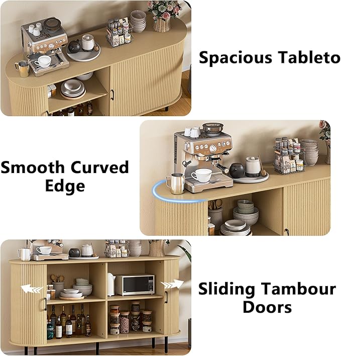 PUKAMI 55" Wood Buffet Sideboard Cabinet with Storage, Mid-Century Modern Coffee Bar Cabinet with Sliding Doors & Shelves, Accent Credenza Console Table for Kitchen, Dining Room, Entryway (Oak)
