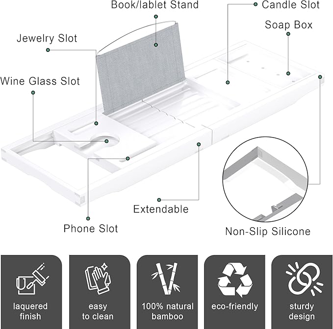Foldable Bathtub Caddy Tray for Tub,Bamboo Expandable Bath Table Trays,Premium Bathroom Accessories for New Home & Mothers Day & Birthday Gifts for Couples,White