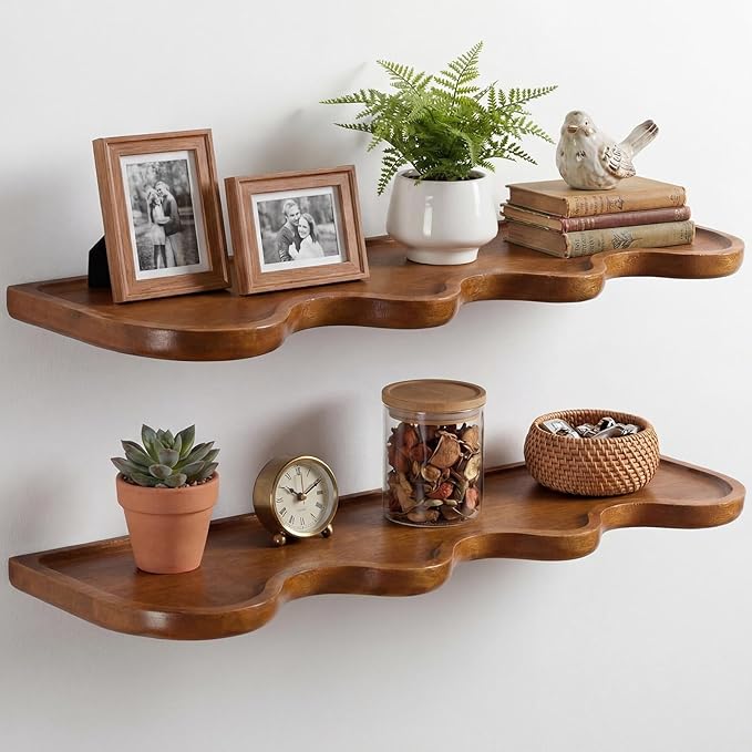 Pinkunn 2 Pcs Floating Shelves for Wall Wood Scalloped Floatings Shelf Live Edge Floating Shelves Modern Scalloped Mounted Shelf Farmhouse Wall Decor for Home Bedroom Kitchen (Walnut,24" X 6")