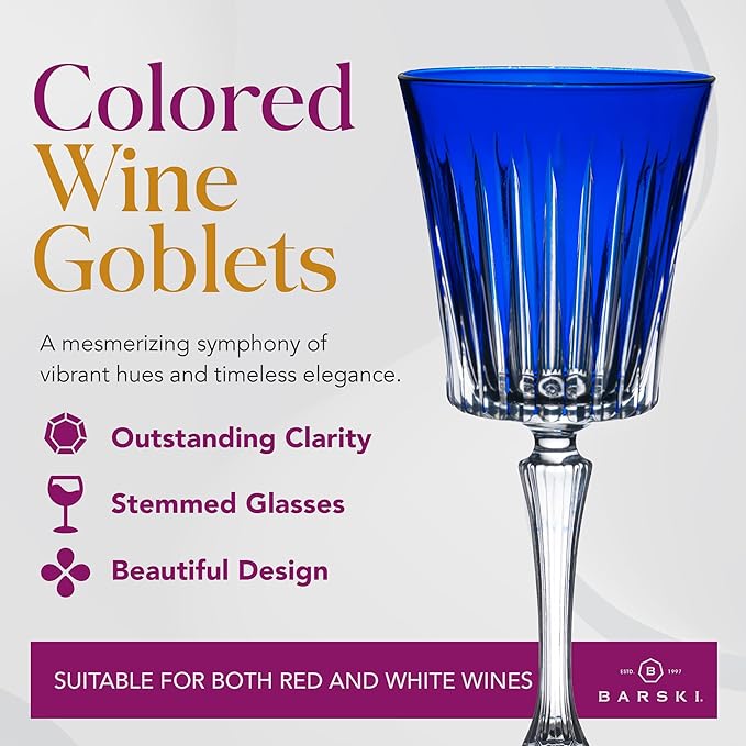 Barski European Colored Wine Glasses - Set of 6 Goblets for Red or White Wine - Elegant Glassware Water Goblets - Gift Ready Stemware, Colorful Glasses, 10 oz, Assorted