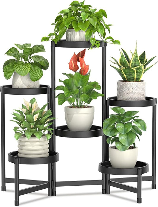 LASZOLA 6 Tiered Plant Stand Indoor Outdoor with Plastic Tray, Corner Folding Tall Flower Display Rack, Modern Plant Holder Shelf for Outdoor Patio Porch Garden Office Living Room, Black