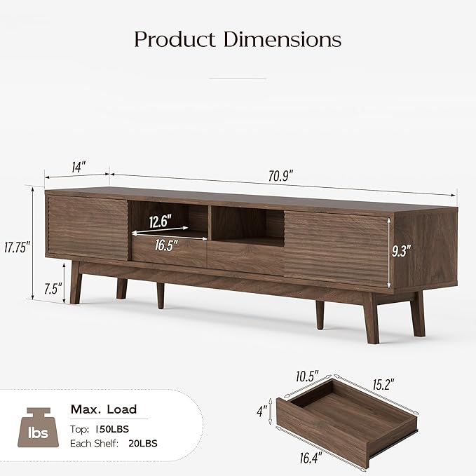 TOLEAD 70" TV Console with Fluted Sliding Doors, Mid Century Modern TV Stand for 55/65/75 Inch TV, Low Profile, Boho Media Console Credenza for Living Room, Walnut