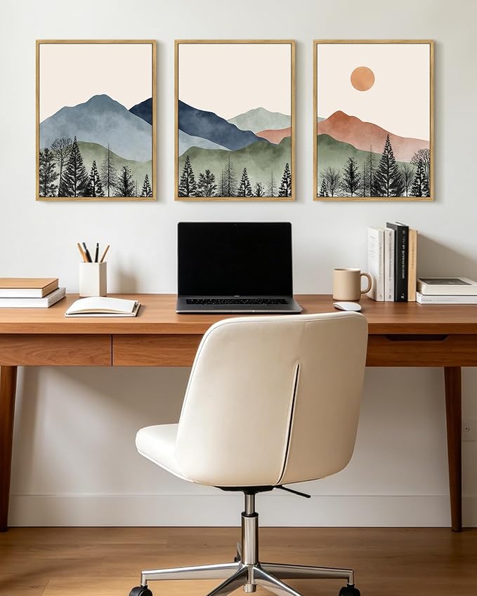 KUVIOKE Mountain Landscape Framed Wall Art Watercolor Nature Painting Boho Sun Rise Prints Farmhouse Rustic Room Decor Ready to Hang 12x16in (Natural Framed)