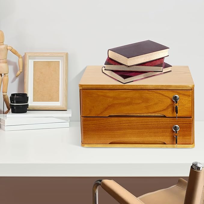 Desktop File Organizer with Lock, 2/3/4 Tier Multi-Drawer Wooden Storage Cabinet, Office Supply Organizer for Home Desk, Study & Workplace (Brown, 2 Layers)