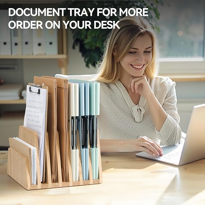 KIRIGEN Wooden Desk Mail Organizer, 7-Slot File Holder and Letter Sorter Wood Document Hlder for Mail, Folders, Bills, Papers, Home Office, Classroom, Countertop, No Assembly Natural 7KWJJ-NA