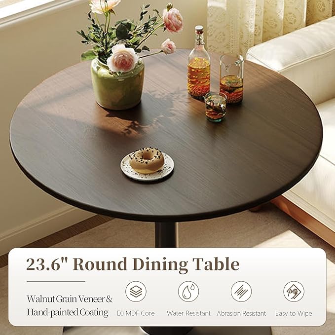 23.6 Inch Tulip Dining Table, Mid-Century Walnut Round Kitchen Table with MDF Tabletop and Pedestal Base, Modern Leisure Table for Small Space Kitchen Dining Room