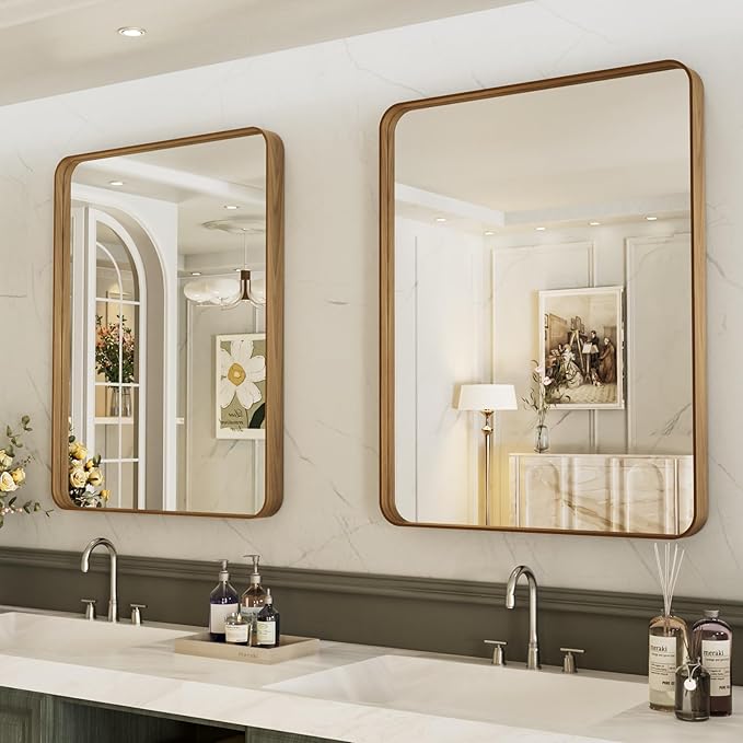 LOAAO 24X36 Inch Bathroom Mirror with Wood Grain Colored Metal Frame, Rounded Rectangle Metal Framed Bathroom Mirror, Anti-Rust, Hangs Horizontally or Vertically