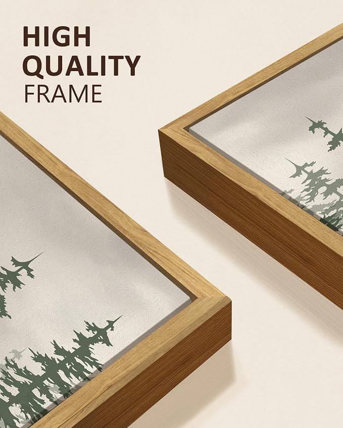 KUVIOKE Green Foggy Misty Pine Tree Framed Canvas Wall Art Watercolor Nature Abstract Forest Wall Decor Rustic Minimalist Painting for Bedroom Dining Room 12x16in (Natural Framed)