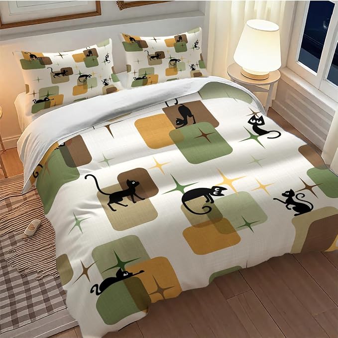 Retro Black Cat Bedding Set,Mid Century 1950s 1960s Abstract Atomic Colorful Geometric Pattern Modern Comforter Set with Pillowcase for Bedroom Bed Decor,Queen 90"x90"