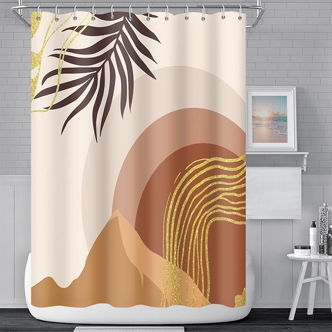 Abstract Mid Century Boho Bathroom Shower Curtain with Eucalyptus Leaves Gold Lines Mountains, Waterproof Polyester Fabric, 72x96 Inch