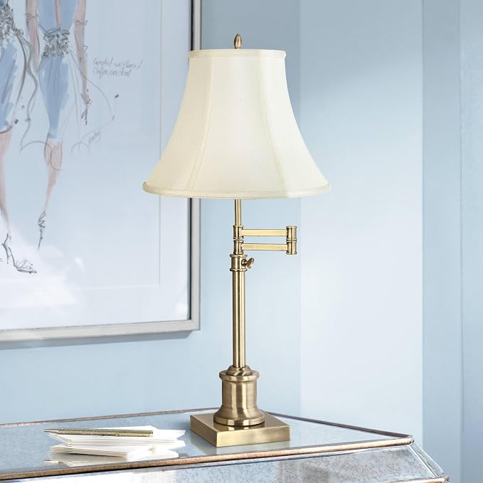 360 Lighting Westbury Traditional Swing Arm Desk Table Lamp Adjustable Height 36" Tall Antique Brass Imperial Creme Fabric Bell Shade for Living Room Bedroom House Bedside Nightstand Home