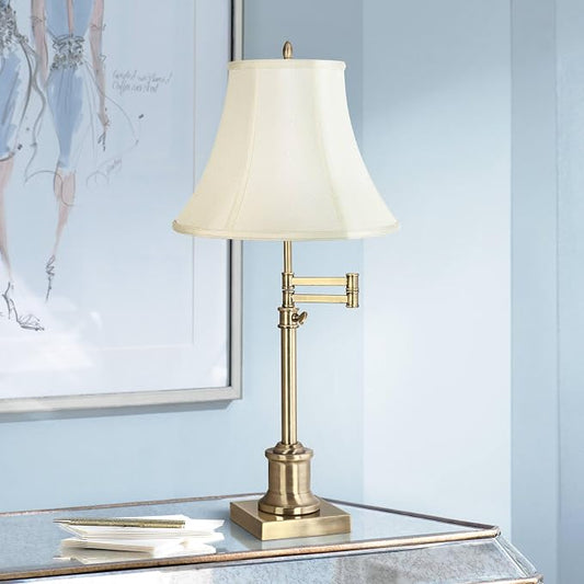 360 Lighting Westbury Traditional Swing Arm Desk Table Lamp Adjustable Height 36" Tall Antique Brass Imperial Creme Fabric Bell Shade for Living Room Bedroom House Bedside Nightstand Home