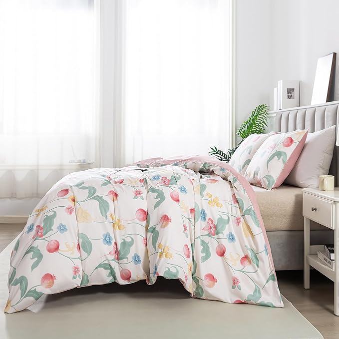 HoneiLife Cotton Duvet Cover King - Fruits Comforter Cover 3-PC, Botanical Bedlinen Set with Zipper Closure & Corner Ties, Pomegranate Comforter Cover Sets