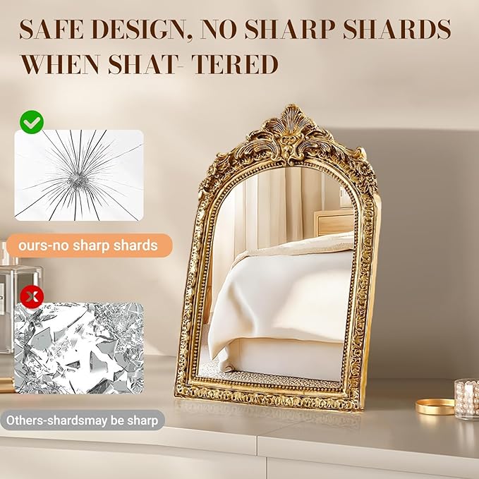 YUSONG Vintage Desk Mirror – 7" Gold Antique Tabletop Mirror with Resin Frame, Decorative Wall Art for Living Room Bedroom Vanity Desk Decor, Birthday Gift