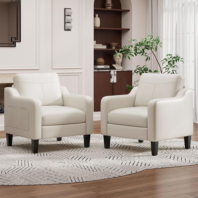 MALOL PU Leather Accent Chair Set of 2, Mid-Century Modern Living Room Armchair Sofa with Removable Cushions, Solid Wood Frame & Stitched Armrest Design, Bedroom Chair with Plastic Legs, Beige