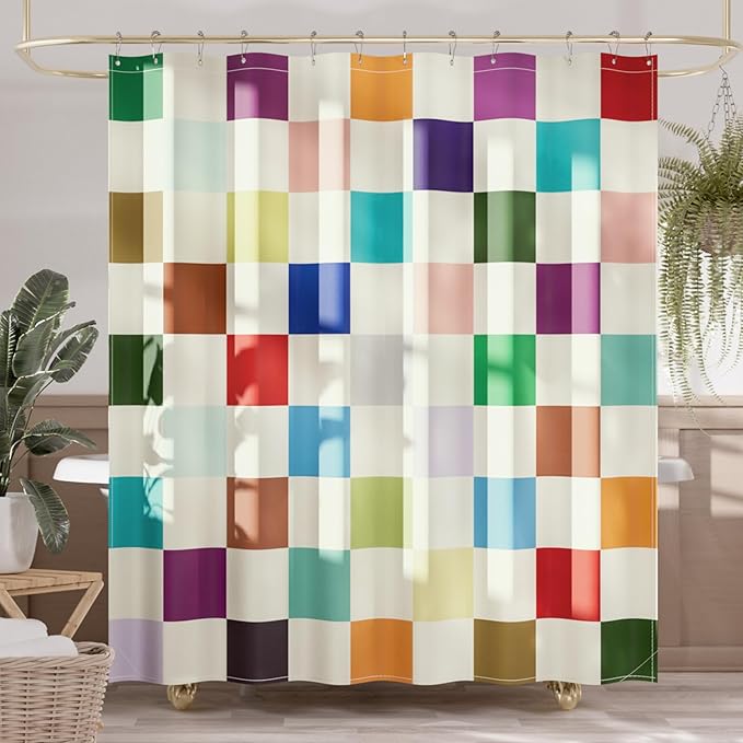 AmazerBath Colorful Checkered Shower Curtain, 72x72 Washable Cloth Modern Geometric Shower Curtains for Bathroom, Fabric Cute Kids Shower Curtain Set & 12 Hooks, Rustic RV Camper Dorm Shower Curtain