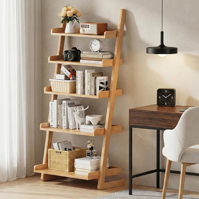 5-Tier Wooden Natural Ladder Shelf - Solid Wood Leaning Bookshelf Shelves, Leaning Bookcase for Saving Space, 55" H Book Shelf for Living Room & Bedroom & Home Office