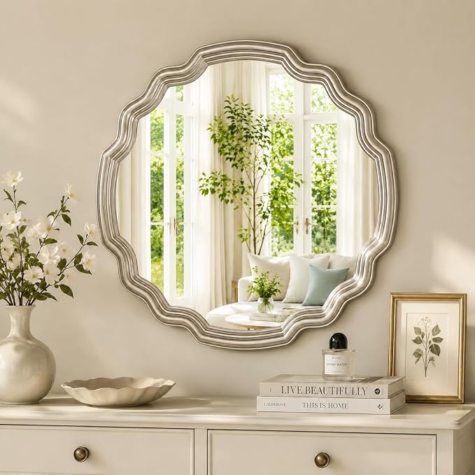 Sliver Scalloped Mirrors Round Mirrors for Wall Decor Wavy Mirror 25.6 Inch for Living Room Bedroom Hallway Dining Room