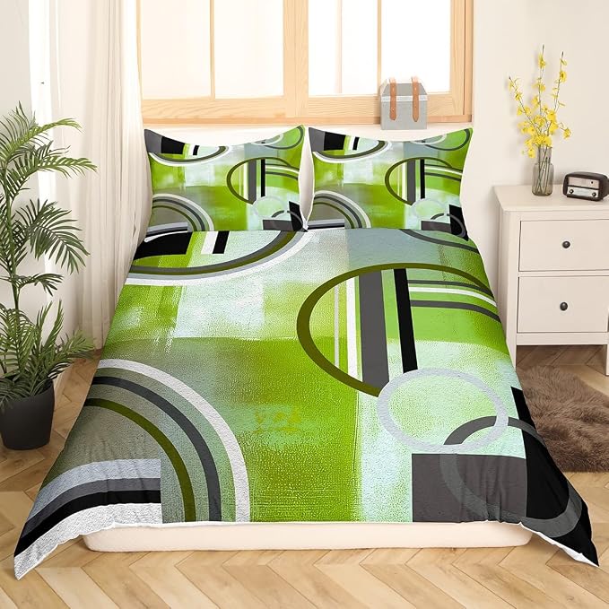 Erosebridal Ombre Watercolor Duvet Cover,Green Grey Comforter Cover for Kids Boys Girls,Swirls Circles Bedding Set,Grunge Modern Texture Quilt Cover,Contemporary Abstract Pastel Bed Cover,Full 3 Pcs