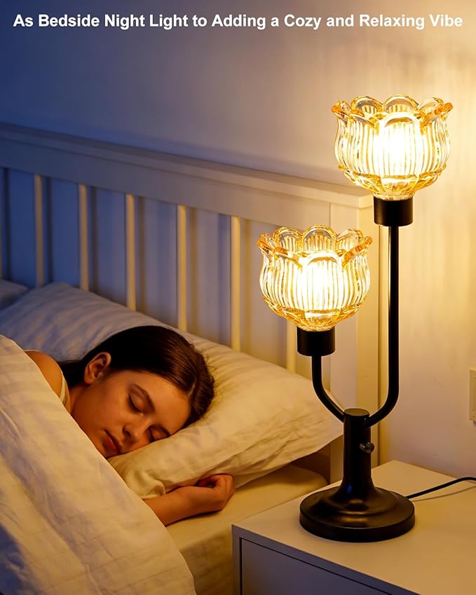 Lightdot Mid Century Modern Table Lamp for Living Room Dimmable Black Flower Desk Lamp Amber Glass Vintage Nightstand Lamp 2 Bulbs Included Warmwhite Ambient Bedside Lamp for Bedroom Home Office Decor