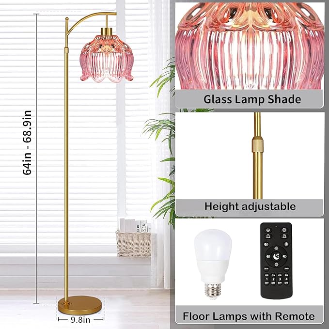Pink Floor Lamp for Living Room,Bedroom,Glass Mid Century Modern Standing Lamp with Remote,Dimmable Gold Brass Tall Lamp Tulip Flower Arc Floor Light Boho Bohemian