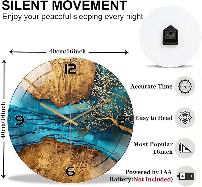 16 Inch Blue River Glass Wall Clock Silent Modern Art Decor | Silent glossy resin and wood-style wall clock perfectly tracks time, adding modern art to your living room