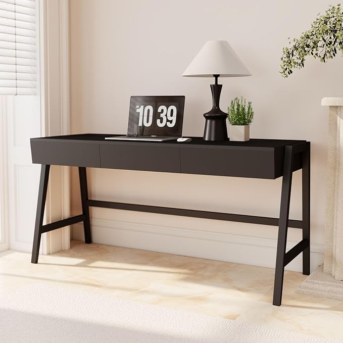 Black Wood Desk with Drawers Home Office Desk Mid Century Modern Writing Table for Bedroom Vanity Living Room Study Workstation