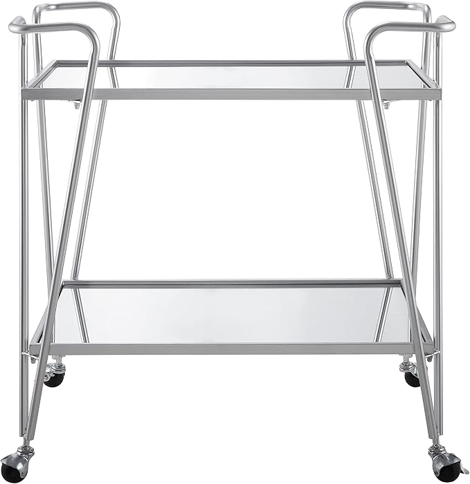 Linon Gina Silver Mid Century Bar Cart with Mirrored Shelves on Locking Castors