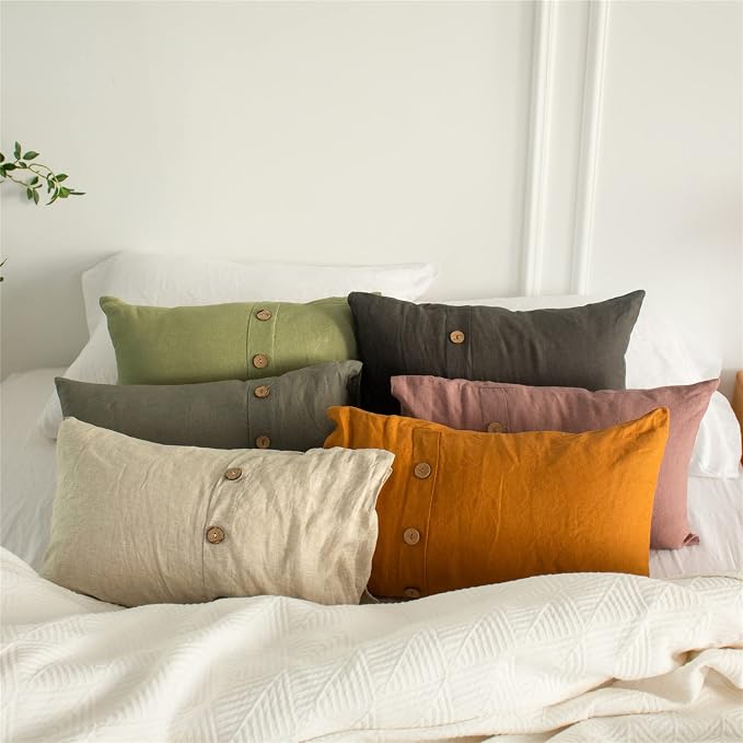 Simple&Opulence 100% Linen Lumbar Pillow Cover 12 x 20 Inch Set of 2 Rectangular Decorative Pillow Cover with Vintage Triple Coconut Button for Couch Sofa Bed Living Room Office Décor - Rust