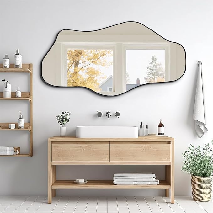 Large Irregular Mirror, 55"x25.6" Asymmetrical Wall Mirror with Metal Frame, Modern Abstract Full Body Mirrors for Living Room Bathroom Bedroom Hallway Entryway Fireplace, Cloud Shaped