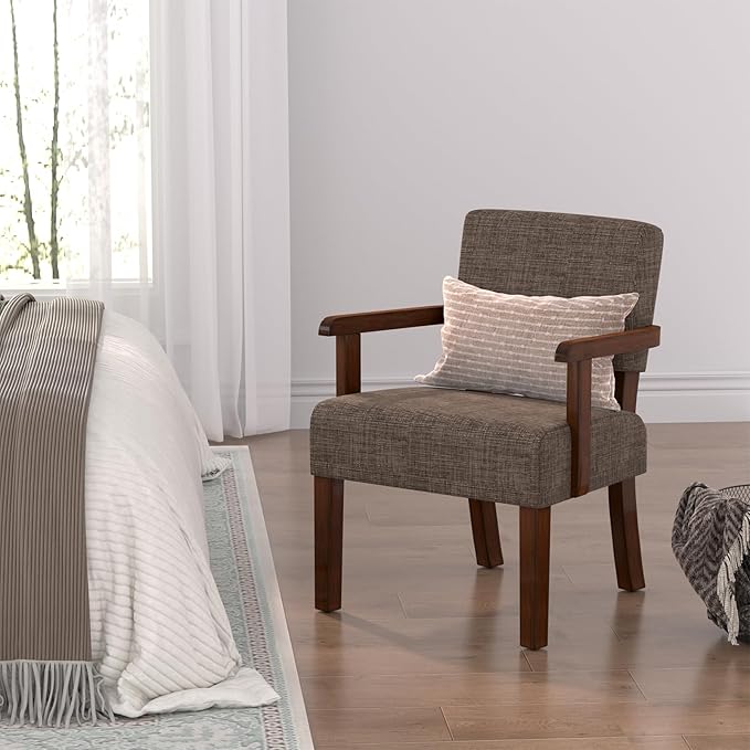 Accent Chair,Armchairs with Solid Wood Frame and Legs,Upholstered Reading Leisure Chair for Bedroom,Office,Waiting Room (Linen, Brown, One Chair)
