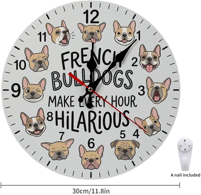 Cute French Bulldog Dog Wooden Wall Clock Silent Non Ticking 10/12in Battery Operated Decorative Pet Owner Gift for Kitchen Kids Room Office