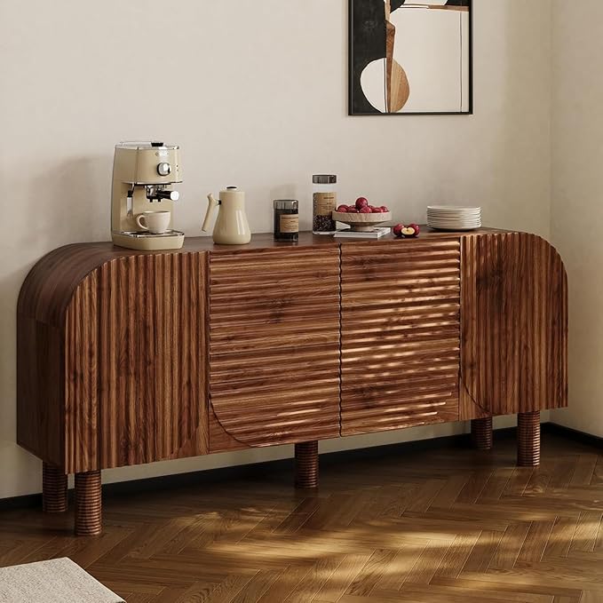 Rophefx 71" Curved Sideboard Cabinet, Large Buffet Sideboard Cabinet with Arched Textured Doors, 4 Doors Credenza with Anti-Tip Device Storage Cabinet for Kitchen, Living Room, Entryway (Walnut)