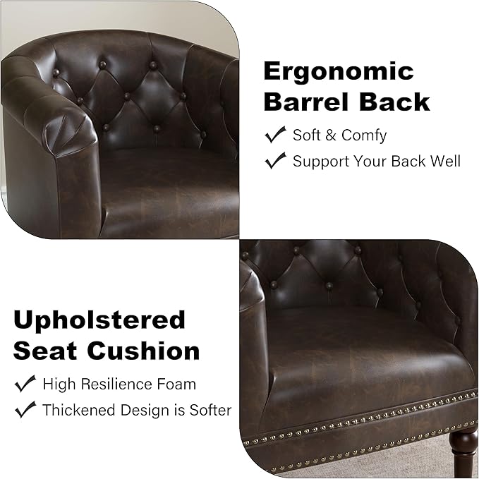 Accent Chair, Upholstered Faux Leather Barrel Chair with Nailed Trim, Comfy Club Armchair for Reading Living Room Bedroom Waiting Room (Chocolate, Set of 4)