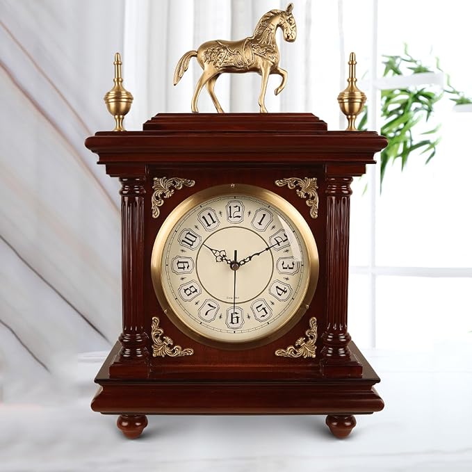 Table Clock Vintage Brass Desk Clock Wooden Desk Clock for Home Bedroom Living Room Office Desk Clock